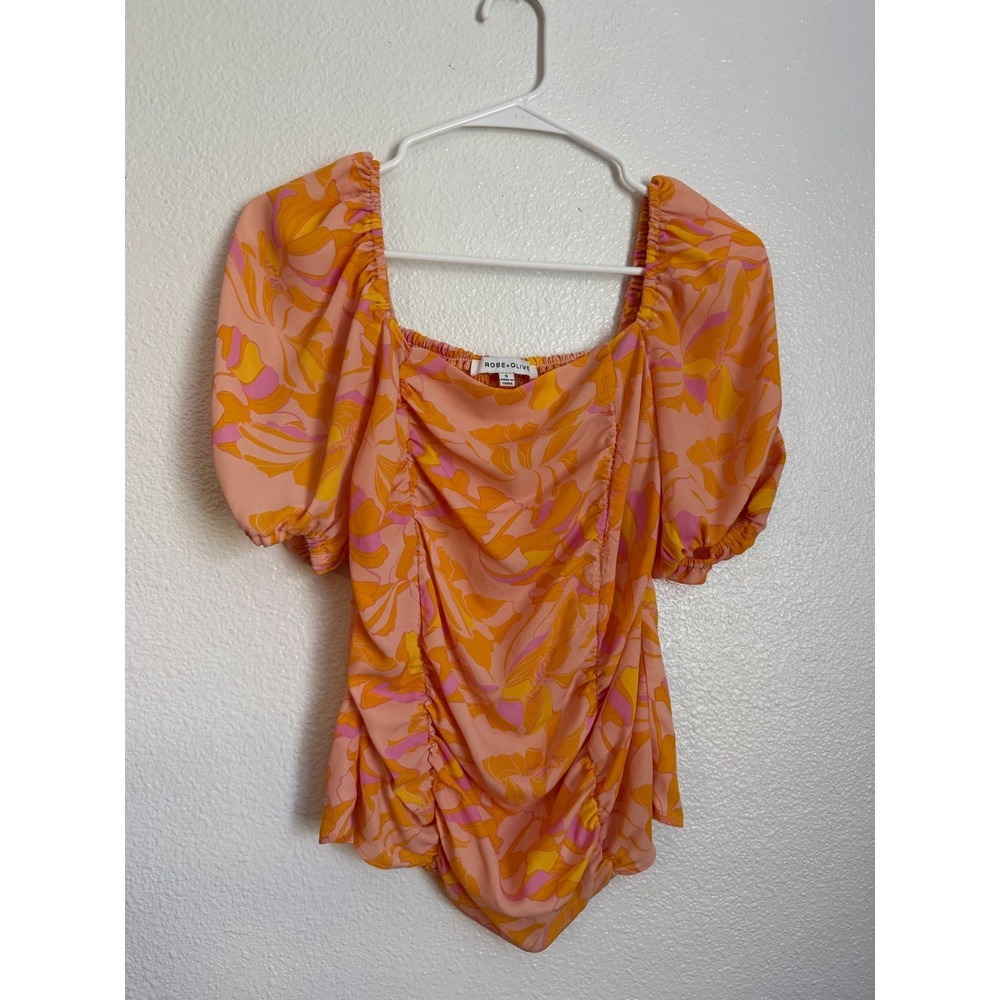 Rose‎ + Olive Smocked Blouse Top Womens S Orange Floral Ruched Front Puff Sleeve